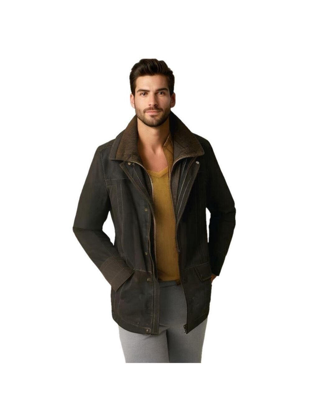 Vintage Danier Dark Chocolate Brown Leather Jacket Chore Coat Corduroy Collar S